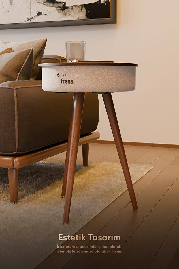 Bluetooth Hoparlör Hızlı Şarj Destekli Ahşap Ayaklı Kablolu Sehpa Speaker